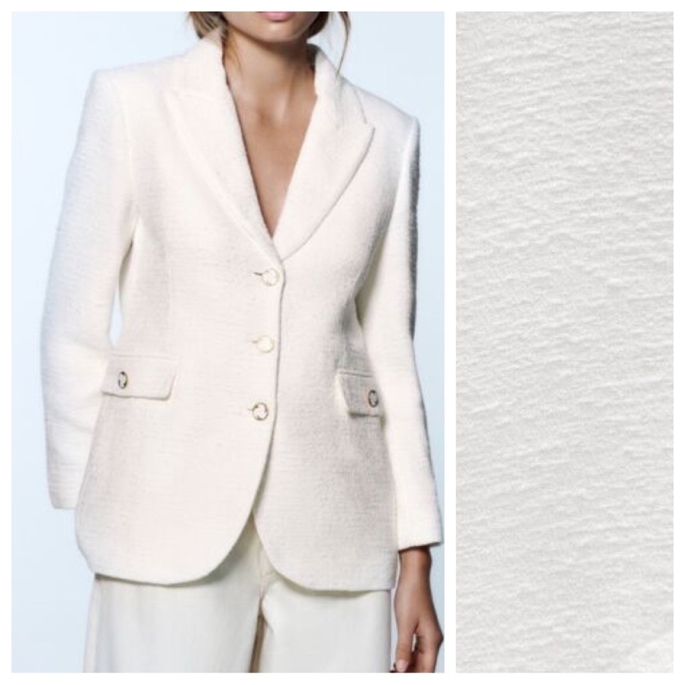 NWT. Zara White Buttoned Textured Weave Blazer. Size XS.